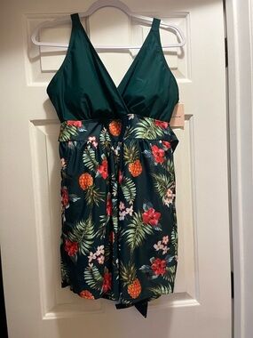 Tropical Pineapple Floral Swimdress - Deep Teal, 12